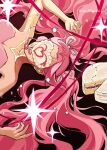  1girl alien_stage ant artist_name bow bug cake commentary english_commentary food hair_bow hair_spread_out headset highres illusion_cake long_hair microphone mizi_(alien_stage) mizi_(zombie_stage) moffimoo multiple_hair_bows open_mouth pink_bow pink_hair solo strapless twintails zombie_stage 