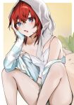  1girl 1other absurdres ange_katrina ange_katrina_(loungewear) bare_legs bare_shoulders between_legs blue_cardigan blue_eyes blush breasts camisole cardigan cardigan_partially_removed commentary crossed_bangs elbow_on_knee elbow_rest gradient_background grey_shorts gu_16reji hair_between_eyes hand_between_own_legs hand_on_own_cheek hand_on_own_face hand_up head_rest highres knees_up looking_at_viewer mandragora_(ange_katrina) medium_hair nijisanji open_mouth red_hair shorts simple_background sitting sleeves_past_wrists small_breasts solo_focus strap_slip striped_cardigan towel towel_on_head untranslatable_commentary virtual_youtuber wet white_camisole yellow_background 