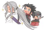  3boys anger_vein baseball_cap black_hair black_hat black_jacket blush chibi chibi_only commentary cross_scar crylin6 dashie_the_low-poly_bunny final_fantasy final_fantasy_vii final_fantasy_vii:_ever_crisis green_eyes grey_hair haori hat jacket japanese_clothes jealous long_hair looking_at_another male_focus multiple_boys official_alternate_costume official_alternate_hairstyle open_mouth ponytail red_jacket scar scar_on_cheek scar_on_face sephiroth sephiroth_(ever_crisis) sephiroth_(infiltration_style) sephiroth_(one_with_the_blade) short_hair slit_pupils smile sparkle sparkling_eyes untranslatable_commentary upper_body white_haori zack_fair zack_fair_(off-road_jacket) 