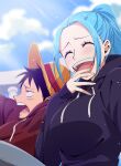  1boy 1girl absurdres alternate_costume black_eyes black_hair blue_hair blush closed_eyes cloud cloudy_sky commentary_request day happy hat highres hood hood_down hoodie laughing long_hair long_sleeves monkey_d._luffy nefertari_vivi one_piece open_mouth outdoors ponytail purple_hoodie scar scar_on_cheek scar_on_face short_hair sidelocks sky smile straw_hat teeth wakana_kuraguchi 