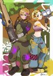  1boy 1girl artist_name bare_shoulders black_boots black_gloves black_shirt blonde_hair blue_eyes blue_jumpsuit boots border braid closed_mouth commentary_request crop_top crown_braid fingerless_gloves full_body gloves green_eyes green_overalls gun hair_between_eyes highres holding holding_gun holding_weapon jumpsuit jumpsuit_around_waist light_smile link medium_hair midriff nikohakaeritai overalls paint_gun paint_on_clothes paint_splatter parted_bangs pointy_ears princess_zelda shirt short_hair sidelocks the_legend_of_zelda the_legend_of_zelda:_tears_of_the_kingdom twitter_username weapon white_border 