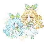  2girls :d audrey_hall blonde_hair blue_eyes blue_hair chibi commentary_request dress flower frills full_body green_dress green_eyes green_ribbon hair_flower hair_ornament highres holding holding_stuffed_toy lily_of_the_valley long_hair long_sleeves lord_of_the_mysteries middle_part mufeng_bingcha multiple_girls open_mouth parted_bangs rabbit ribbon roco_kingdom roco_kingdom:_world shoes short_eyebrows smile stuffed_toy thick_eyebrows toy two_side_up very_long_hair white_background white_dress white_flower xueying_wawa_(lily_of_the_valley)_(roco_kingdom:_world) 