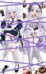  1girl bare_shoulders baton_(weapon) belt black_bow black_eyes black_gloves black_jacket black_skirt blush bow braid breasts buttons candy censored clothes_pull collar collared_shirt colored_inner_hair commentary_request cookie cupcake dakimakura_(medium) detached_sleeves donut double-breasted dress fate/grand_order fate/strange_fake fate_(series) food francesca_prelati_(fate) frilled_collar frills full_body garter_straps gloves grey_hair gun hair_bow highres hitsujibane_shinobu holster jacket lollipop long_hair long_sleeves looking_at_viewer medium_breasts multicolored_hair open_clothes panties pantyhose parted_bangs ringed_eyes shirt shoes sidelocks single_shoe skirt skull_print snowfield_police_uniform striped_clothes striped_dress thighhighs twin_braids underwear very_long_hair weapon white_dress white_hair white_panties white_pantyhose white_shirt white_thighhighs 