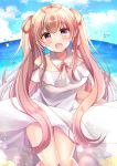  1girl :d bare_shoulders blue_sky blush breasts brown_hair cloud cloudy_sky commentary_request day dress fang hair_ribbon highres horizon long_hair looking_at_viewer medium_breasts minami_saki moe2020 neck_ribbon ocean off-shoulder_dress off_shoulder open_mouth original outdoors red_ribbon ribbon sky smile solo twintails very_long_hair water water_drop white_dress 