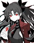  1girl black_hair buttons commentary earrings fate/stay_night fate/unlimited_blade_works fate_(series) gem hair_ribbon highres honkai:_star_rail honkai_(series) jacket jewelry kauderni01356 limited_palette long_hair necklace necktie official_alternate_eye_color red_eyes red_gem red_jacket ribbon rin's_pendant_(fate) simple_background solo tohsaka_rin tohsaka_rin_(honkai:_star_rail) 