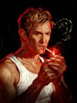  1boy brown_hair cigar cigarette commentary english_commentary highres holding holding_lighter lighter lighting_cigarette male_focus mistysblueboxstuff rustin_cohle shirt sleeveless sleeveless_shirt smoke smoke_trail smoking solo toned toned_male true_detective white_shirt 