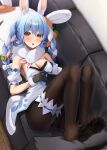  1girl absurdres amane_sora animal_ears black_gloves black_leotard black_pantyhose blue_hair blush braid breasts carrot_hair_ornament cleavage coat coat_dress commentary_request couch detached_sleeves dress feet food-themed_hair_ornament full_body fur-trimmed_coat fur-trimmed_gloves fur_scarf fur_trim gloves hair_ornament handheld_game_console highres hikimayu holding holding_handheld_game_console hololive indoors knees_up legs leotard leotard_under_clothes long_hair looking_at_viewer lying medium_breasts multicolored_hair no_shoes on_back on_couch open_mouth orange_eyes pantyhose playboy_bunny puffy_detached_sleeves puffy_short_sleeves puffy_sleeves rabbit-shaped_pupils rabbit_ears rabbit_girl scarf see-through_clothes short_eyebrows short_sleeves sidelocks soles solo strapless strapless_leotard symbol-shaped_pupils teeth thick_eyebrows toes twin_braids two-tone_hair upper_teeth_only usada_pekora usada_pekora_(1st_costume) virtual_youtuber white_coat white_hair white_scarf white_sleeves 