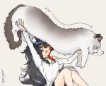  1girl animal_ears black_hair black_shorts breasts commentary english_commentary feet_out_of_frame highres hololive large_breasts long_hair ookami_mio ookami_mio_(hoodie) pohitashi_(team_tategami) ponytail red_hair shirt shorts simple_background taiga_(ookami_mio) tail virtual_youtuber white_background white_shirt wolf_ears wolf_girl wolf_tail yellow_eyes 