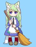  1girl 7th_dragon 7th_dragon_(series) animal_ear_fluff animal_ears apron arietta_(7th_dragon) black_neckwear blue_background blue_dress blue_eyes blush bow broom brown_footwear collared_dress commentary_request dress full_body green_hair hair_ornament highres holding holding_broom loafers long_hair long_sleeves looking_at_viewer naga_u necktie red_legwear shadow shoes solo standing thighhighs very_long_hair white_apron white_bow 