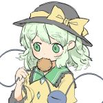  1girl bangs black_frills black_headwear bow collared_shirt cookie eyeball eyebrows eyebrows_visible_through_hair food food_in_mouth frilled_shirt_collar frilled_sleeves frills green_eyes hand_up hat hat_bow hat_ribbon holding hozumiare komeiji_koishi light_green_hair long_sleeves looking_away medium_hair mouth_hold ribbon sandwich_cookie shirt sidelocks simple_background sketch solo tareme third_eye touhou upper_body wavy_hair white_background wide_sleeves yellow_bow yellow_ribbon yellow_shirt 