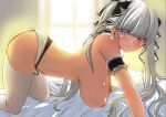  1girl all_fours arko_(acucs) arm_garter ass azur_lane backlighting bed blush breasts commentary_request formidable_(azur_lane) garter_belt grey_hair hair_ribbon large_breasts long_hair looking_at_viewer nipples panties red_eyes ribbon solo thighhighs thighs topless_female twintails two-tone_ribbon underwear very_long_hair white_panties white_thighhighs 