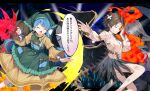  4girls ^_^ apron arm_ribbon asymmetrical_wings between_fingers blonde_hair blue_hair brown_hair brown_mask closed_eyes commentary_request crossed_bandaids defeat dress fiery_wings green_apron green_headscarf grey_hair grey_skirt half_mask haniyasushin_keiki headscarf highres holding holding_tool iwanaga_ariya jewelry joutouguu_mayumi keiki8296 long_hair long_sleeves magatama magatama_necklace mask mask_over_one_eye multiple_girls necklace open_mouth ribbon shirt skeletal_clothes skeletal_tail skeletal_wings skirt smile speech_bubble stone_skirt tail torn_clothes torn_shirt touhou translation_request white_shirt wings wood_carving_tool yellow_dress yuiman_asama 