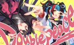  2girls black_hair choker double_v english_text fate/grand_order fate_(series) kibou long_hair multicolored_hair multiple_girls one_eye_closed oryou_(fate) sailor_collar scarf sei_shounagon_(fate) tongue tongue_out twintails v yellow_background 
