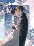  1boy 1girl arms_around_another's_waist black_hair black_jacket black_pants blue_shirt brown_hair cherry_blossoms collared_shirt commentary couple crying eren_yeager falling_petals flower hair_between_eyes hand_on_another's_shoulder hetero highres hug jacket kiss long_skirt mikasa_ackerman necktie official_alternate_costume pants parted_bangs petals pink_flower pink_petals rain red_necktie scar scar_on_cheek scar_on_face shingeki_no_kyojin shirt short_hair skirt suit_jacket tears twitter_username untranslatable_commentary white_jacket white_shirt white_skirt yabi_oblivion 
