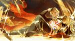  1boy absurdres armor black_gloves black_pants blonde_hair cape chain chest_tattoo chinese_commentary commentary_request earrings enkidu_(weapon)_(fate) fate/stay_night fate/unlimited_blade_works fate_(series) gilgamesh_(fate) gilgamesh_(honkai:_star_rail)_(fate) glint gloves hand_on_own_head highres honkai:_star_rail honkai_(series) jewelry jinyugu594 looking_at_viewer male_focus pants parted_lips pauldrons pectorals red_cape red_eyes short_hair shoulder_armor single_pauldron sitting solo tattoo watermark weibo_watermark 