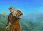 2009 anthro asian_clothing asian_mythology canid canine canis claws clothed clothed_anthro clothed_male clothing detailed_background digital_media_(artwork) east_asian_clothing east_asian_mythology finger_claws fingerpads fur head_tilt headgear headwear hi_res holding_object holding_staff japanese_clothing japanese_description japanese_mythology kimono male male_anthro mammal mountain mythology one_eye_closed outside pawpads ruff sekki sky solo staff standing tengu wolf yokai