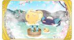  bathing blush_stickers border bottle bucket cardcaptor_sakura cat cherry_blossoms closed_eyes creature creature_focus flower kero_(cardcaptor_sakura) musical_note no_humans official_art onsen open_mouth ornate_border partially_submerged pink_flower rock rubber_duck singing spinel_sun steam third-party_source towel towel_on_head wooden_bucket 