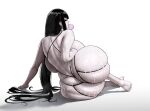  1girl absurdres ass barefoot black_eyes black_hair blowing_bubble_gum breasts chewing_gum commentary cum cum_on_ass cum_on_body dragia3743 earrings english_commentary from_behind highres huge_ass huge_breasts jewelry long_hair looking_at_viewer looking_back mole mole_on_ass mole_under_eye original simple_background solo white_background wide_hips 