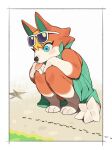 2026 absurd_res animal_crossing ant anthro arthropod audie_(animal_crossing) bent_legs biped blep blonde_hair blush border canid canine canis clothed clothed_anthro clothed_female clothing crouching digital_drawing_(artwork) digital_media_(artwork) eyewear feet female fingers front_view fur glasses hair hi_res hymenopteran insect kame_3 mammal nintendo orange_body orange_fur solo tail toes tongue tongue_out white_border wolf