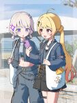  2girls :d ahoge bag beamed_eighth_notes belt black_skirt blonde_hair blue_belt blue_jacket brown_belt cargo_pants cellphone commentary_request cropped_jacket day denim denim_jacket eighth_note gradient_hair hair_ornament heart heart_o-ring highres holding holding_phone hololive hololive_dev_is jacket jeans looking_at_another midriff multicolored_hair multiple_girls musical_note musical_note_hair_ornament o-ring o-ring_thigh_strap official_alternate_costume open_mouth otonose_kanade otonose_kanade_(flashpoint) outdoors pants phone purple_eyes purple_hair red_eyes shoulder_bag skirt smartphone smile streaked_hair thigh_strap todoroki_hajime todoroki_hajime_(flashpoint) totoro_(hirohero24) twintails twintails_with_hair_base virtual_youtuber white_bag 