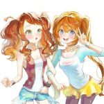  2girls alternate_hairstyle black_pantyhose black_vest blue_eyes blush breasts brown_hair commentary_request cutoffs denim denim_shorts donut_hair_bun double_bun exposed_pocket hair_bun highres hilda_(pokemon) locked_arms long_hair multiple_girls open_mouth pantyhose poke_ball_print pokemon pokemon_black_2_and_white_2 pokemon_black_and_white raglan_sleeves rosa_(pokemon) sheimi_(u_gros) shirt shorts sidelocks small_breasts smile teeth twintails v vest white_shirt wristband xtransceiver yellow_shorts 