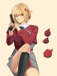  1girl anjuro_zeeku belt black_boots blonde_hair blue_bow blue_bowtie blunt_bangs bob_cut boots bow bowtie check_clothing closed_mouth clothing_request collar commentary convenient_leg cropped_jacket english_commentary falling_petals feet_out_of_frame grey_shirt grey_shorts gun hair_ribbon handgun highres holding holding_gun holding_weapon jacket knee_boots knee_up leg_up long_sleeves looking_at_viewer lycoris_recoil m1911 nishikigi_chisato petals red_belt red_eyes red_jacket red_petals red_ribbon ribbon shirt short_hair shorts side_up_ring simple_background single_hair_intake smile solo split_mouth weapon white_collar yellow_background 