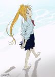  1girl absurdres arms_behind_back barefoot beach blonde_hair blue_skirt blush bocchi_the_rock! bow bowtie closed_mouth footprints from_side full_body highres ijichi_nijika kyokutsuki long_hair looking_at_viewer looking_to_the_side looking_up own_hands_together pleated_skirt red_bow red_bowtie red_eyes school_uniform shimokitazawa_high_school_uniform shirt side_ponytail skirt smile solo three-quarter_sleeves turning_head twitter_username very_long_hair walking white_shirt 