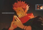  1boy art_program_in_frame black_background black_jacket black_nails commentary dumog grin itadori_yuji jacket jujutsu_kaisen long_sleeves looking_ahead male_focus red_eyes short_hair smile solo spiked_hair undercut untranslatable_commentary upper_body 