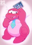 absurd_res accessory anthro belly blush dinosaur dragons_fucking_cars e621 gameoverse glitch_productions gobbles_(gameoverse) hi_res male necktie overweight pink_body pink_scales prehistoric_species reptile sahiqron scales scalie smile solo tablet