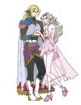  1boy 1girl ahtaso ankle_flower armor artist_name black_pants black_shirt blonde_hair blue_armor blue_ribbon breasts cape couple dissidia_duellum_final_fantasy dissidia_final_fantasy dress edgar_roni_figaro final_fantasy final_fantasy_vi flower fringe_trim fur-trimmed_dress fur_trim green_hair hair_ribbon half_updo hand_on_own_chest hetero high_heels holding_hands low_ponytail medium_breasts official_alternate_costume pants parted_bangs pink_cape pink_dress pink_ribbon pink_shoes ponytail ribbon sash see-through_cape see-through_clothes shirt shoes simple_background terra_branford terra_branford_(blossom_princess) thighhighs waist_sash wavy_hair white_background white_thighhighs 