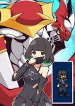  1girl armor black_eyes black_hair black_mask black_shirt cape commentary_request digimon digimon_(creature) digimon_up digital_hazard dukemon game_screenshot_inset green_hair grey_skirt hand_up helmet highres holding holding_polearm holding_weapon knight lance long_sleeves mask mask_pull mitosupa_(qsiqydfz7nesh9w) mouth_mask multicolored_hair oc_x_canon original pauldrons pleated_skirt polearm print_shirt red_cape red_visor screenshot_inset shirt short_hair shoulder_armor single_bare_shoulder single_off_shoulder skirt skull_print surgical_mask torn_clothes torn_shirt torn_skirt two-tone_hair visor_(armor) weapon white_armor white_helmet yellow_eyes 