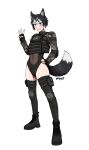  1girl absurdres animal_ears bangdog black_boots black_gloves black_hair black_thighhighs blue_eyes boots bulletproof_vest camouflage camouflage_shirt commentary commission english_commentary fingerless_gloves full_body gloves grin highres holster knee_pads military multicolored_hair navel original see-through_clothes see-through_midriff shirt simple_background smile solo standing tactical_clothes tail thigh_holster thighhighs two-tone_hair white_background white_hair wolf_ears wolf_girl wolf_tail 