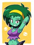  1girl armpits border breasts bright_pupils cleavage colored_skin commentary crop_top english_commentary green_hair green_skin grin hairband highres linker looking_at_viewer midriff navel outline presenting_own_armpit purple_shirt red_eyes rottytops shantae:_half-genie_hero shantae_(series) shirt smile solo stitched_arm stitches white_border white_outline white_pupils yellow_background yellow_hairband zombie 