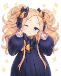  1girl abigail_williams_(fate/grand_order) bangs black_bow black_dress blonde_hair blue_eyes blush bow breasts closed_mouth double_v dress fate/grand_order fate_(series) forehead hands_up highres long_hair long_sleeves looking_at_viewer multiple_bows one_eye_closed orange_bow parted_bangs polka_dot polka_dot_bow small_breasts smile solo sparkle tied_hair tomo_(user_hes4085) v 