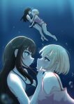 2girls aauugghh_garrison absurdres air_bubble bikini black_bikini blonde_hair breasts brown_hair bubble cleavage commentary english_commentary eye_contact hand_on_another's_face highres inoue_takina long_hair looking_at_another lycoris_recoil multiple_girls nishikigi_chisato parted_lips pink_shirt purple_eyes red_bikini red_eyes shirt short_hair swimsuit underwater yuri 
