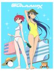  2girls absurdres amate_yuzuriha barefoot bikini black_hair breasts chair commentary conch_(gundam) copyright_logo deck_chair english_commentary folding_chair full_body gundam gundam_gquuuuuux haro hat highres js_71535 logo long_hair multiple_girls navel non-humanoid_robot nyaan_(gundam_gquuuuuux) official_alternate_costume official_style one-piece_swimsuit open_mouth pet red_hair robot science_fiction short_hair smile standing swimsuit white_bikini yellow_one-piece_swimsuit 