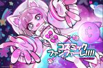  1girl animal_ear_headphones animal_ears asakura_neko bow brown_hair cat_ear_headphones cat_ears chibi cleavage_cutout clothing_cutout commentary_request cosmo_(bousoup) cytus cytus_ii fake_animal_ears fang headphones helmet meowbot multicolored_hair pink_bow pink_eyes pink_hair pink_theme planet reaching reaching_towards_viewer skin_fang solo space_helmet spacesuit streaked_hair 