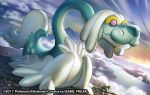  2017 blue_sky closed_mouth cloud cloudy_sky dragon drampa gen_7_pokemon match_(idleslumber) mountain outdoors pink_eyes pokemon pokemon_trading_card_game sky standing twilight watermark 