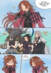  4boys angeal_hewley armor belt black_coat black_gloves black_hair blue_eyes blue_pants blue_shirt brown_belt brown_hair character_name chest_strap coat commentary crisis_core:_final_fantasy_vii cross_scar crossed_arms crylin6 english_commentary final_fantasy final_fantasy_vii genesis_rhapsodos gloves grey_hair grin hair_slicked_back hand_on_own_hip highres lifestream long_coat long_hair male_focus multiple_boys pants parted_lips pauldrons red_coat red_gloves ribbed_shirt scar scar_on_cheek scar_on_face sephiroth shirt shoulder_armor sideburns sleeveless sleeveless_shirt smile sparkle suspenders teeth thumbs_up turtleneck zack_fair 