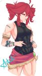  1girl annoyed arm_tattoo armband astartefrost biceps black_shirt breasts brown_armband commentary covered_abs cropped_legs deltoids drill_hair english_commentary kasane_teto medium_breasts medium_hair muscular muscular_female red_eyes red_hair shirt sideboob solo tattoo thick_thighs thighs twin_drills utau viking 