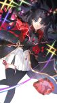  1girl archer_(fate) arms_behind_back asymmetrical_legwear black_gloves black_hair black_pantyhose black_shirt black_thighhighs blue_eyes chinese_commentary closed_mouth commentary_request cropped_jacket earrings fate/stay_night fate/unlimited_blade_works fate_(series) gem gloves green_gem highres honkai:_star_rail honkai_(series) jacket jewelry long_hair long_sleeves looking_at_viewer necklace night open_clothes open_jacket outdoors pantyhose reaching reaching_towards_viewer red_gem red_jacket rin's_pendant_(fate) shirt skirt sky smile thighhighs tohsaka_rin tohsaka_rin_(honkai:_star_rail) twintails uneven_legwear very_long_hair white_skirt zuozhan_xing59 