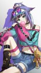 1girl absurdres ambience_synesthesia animal_ear_fluff animal_ears arknights belt black_belt black_choker black_hair black_leg_warmers blowing_bubble_gum blue_shorts cat-shaped_eyewear cat_ears cat_girl cat_tail chewing_gum choker chromatic_aberration collarbone commentary cropped_shirt denim denim_shorts english_commentary eyewear_on_head film_grain fish_hair_ornament gradient_clothes gradient_shirt green_eyes green_shirt hair_ornament head_tilt high_ponytail highres jessica_(arknights) jessica_the_liberated_(arknights) joker_(jjjokerrr233) leg_belt leg_warmers long_hair long_sleeves looking_at_viewer midriff navel off-shoulder_shirt off_shoulder official_alternate_costume pink_sleeves pom_pom_(clothes) pom_pom_hair_ornament ponytail puffy_long_sleeves puffy_sleeves shirt shorts sidelocks sitting solo star_(symbol) star_print tail thigh_strap visor_cap wallet_chain 