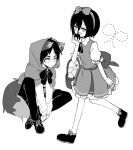  1boy 1girl animal_ears apple basket bow capelet collared_shirt commentary_request eating eren_yeager food fruit fruit_basket full_body greyscale hair_between_eyes hair_bow hairband haku33001 highres holding holding_basket holding_food holding_fruit hood hood_up hooded_capelet kemonomimi_mode looking_at_another mikasa_ackerman monochrome pants parted_bangs parted_lips puffy_short_sleeves puffy_sleeves scar scar_on_cheek scar_on_face shingeki_no_kyojin shirt shirt_under_dress shoes short_hair short_sleeves sitting tail walking white_background wolf_boy wolf_ears wolf_tail 