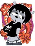 3:4 abstract_background anthro belt big_breasts biped black_clothing black_hair black_shirt black_topwear bob_cut bottomwear bovid breasts caprine clothed clothing crop_top denim denim_bottomwear denim_clothing eyelashes female fully_clothed grey_body grey_bottomwear grey_clothing grey_jeans grey_pants hair half-closed_eyes hands_behind_back hi_res horn japanese_description jeans ketsumoa looking_away mammal midriff narrowed_eyes navel open_mouth pants parappa_the_rapper portrait print_clothing print_shirt print_t-shirt print_topwear psychedelic_background rammy_lamb sheep shirt skull_and_crossbones solo sony_corporation sony_interactive_entertainment standing t-shirt three-quarter_portrait topwear um_jammer_lammy