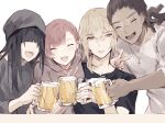  1girl 3boys beanie beer_mug black_hair black_hat black_shirt blonde_hair blush brown_hair c2_v cherry_(cytus) closed_eyes commentary cross cross_necklace cup cytus cytus_ii dark_skin dreadlocks ear_piercing group_hug hair_over_eyes hat highres holding holding_cup hood hoodie hug jewelry joe_(cytus) kai_(cytus) long_hair long_sleeves looking_at_another low_ponytail mug multiple_boys necklace open_mouth piercing pink_hair ponytail scar scar_across_eye scar_on_face shirt short_hair short_sleeves simon_jackson simple_background sleeves_rolled_up small_sweatdrop smile v water white_background white_shirt 