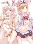  2girls absurdres alternate_costume animal_ears bangs belt blonde_hair blush breasts brown_eyes bunny_ears bunny_tail buttons cape cosplay costume_switch covered_navel djeeta_(granblue_fantasy) ear fake_animal_ears flower granblue_fantasy hair_flower hair_ornament hairband hairclip hands_up highleg highleg_leotard highres jewelry leotard long_sleeves looking_at_viewer midriff mouse_ears multiple_girls navel open_mouth pendant red_eyes sage_(granblue_fantasy) shirt short_hair simple_background skirt small_breasts swept_bangs tail thighhighs thighs ukiwakisen upper_body vikala_(granblue_fantasy) white_background white_cape white_hair white_legwear white_leotard white_shirt white_skirt wrist_cuffs 
