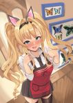  1girl absurdres animal_ears apron bangs black_legwear black_neckwear black_skirt blonde_hair blue_eyes blush braid breasts bug butterfly cat_ears collared_shirt dress_shirt french_braid granblue_fantasy hair_intakes hairband highres insect large_breasts long_hair long_sleeves looking_at_viewer necktie open_mouth paw_pose picture_frame pm_tii_(matuko1024) red_apron shirt sidelocks skirt solo tearing_up thighhighs twintails white_shirt zeta_(granblue_fantasy) 