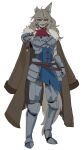  1girl absurdres animal_ear_fluff animal_ears armor asymmetrical_ears basedbinkie belt blue_shirt breastplate brown_belt brown_coat brown_hair coat coat_on_shoulders commander_kadri_(basedbinkie) full_body fur_trim gauntlets highres hip_armor leg_armor looking_at_viewer notched_ear open_mouth original pointing pointing_at_viewer red_scarf scar scar_on_cheek scar_on_face scarf shirt smile solo standing torn_clothes transparent_background 
