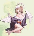  1girl alternate_costume alternate_hairstyle angel_wings bare_legs bare_shoulders barefoot blue_archive bottle breasts brown_eyes brown_hair cleavage closed_mouth collarbone commentary feathered_wings feet hachii838 halo head_tilt highres holding holding_bottle japanese_clothes kimono kimono_partially_removed large_breasts legs long_hair looking_at_viewer milk_bottle nagisa_(blue_archive) obi pink_halo ponytail purple_kimono sash sitting smile solo toenails toes towel towel_on_head white_wings wings yokozuwari zoom_layer 