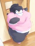  avian belly bird breasts clothed clothing female hi_res obese overweight overweight_female solo standing stuck veiukket 